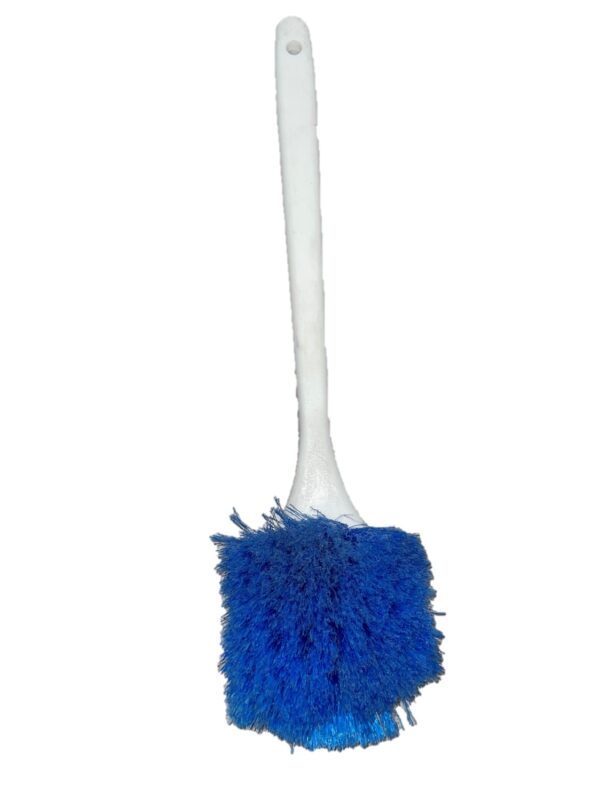 A blue and white duster on a long handle.