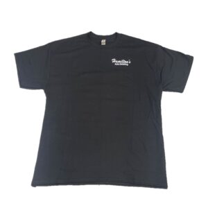 A black t-shirt with the words " rambler " on it.