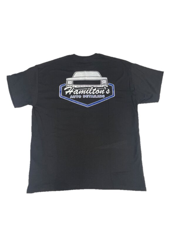 A black t-shirt with the hamilton 's auto detailing logo on it.